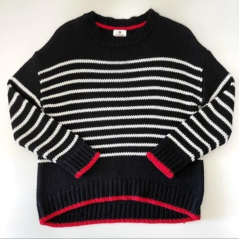 Sundry Wool Blend Relaxed Knit Pullover Sweater Black White Stripe Small